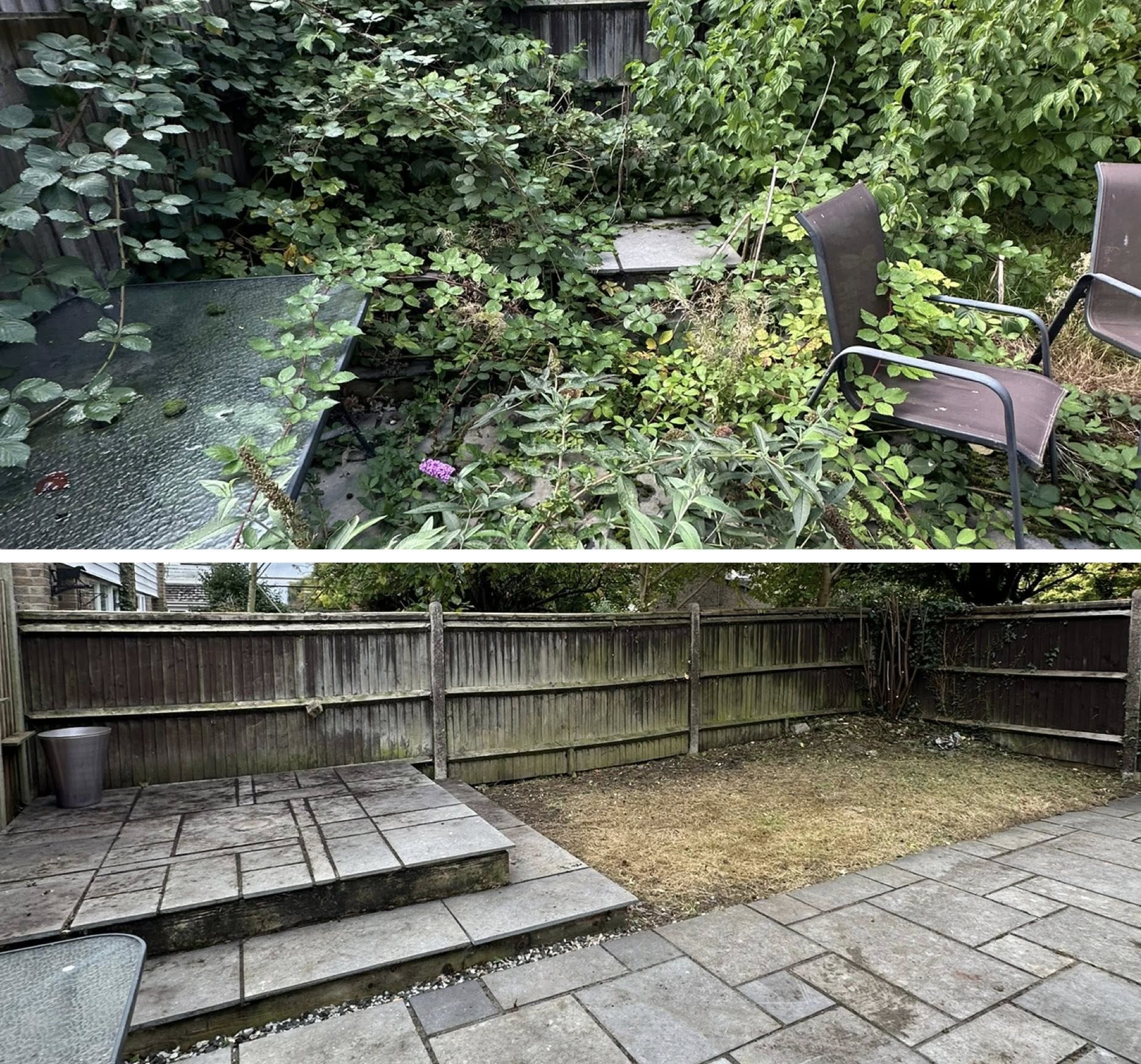 Garden transformation — before and after comparison showing cleared and maintained lawn